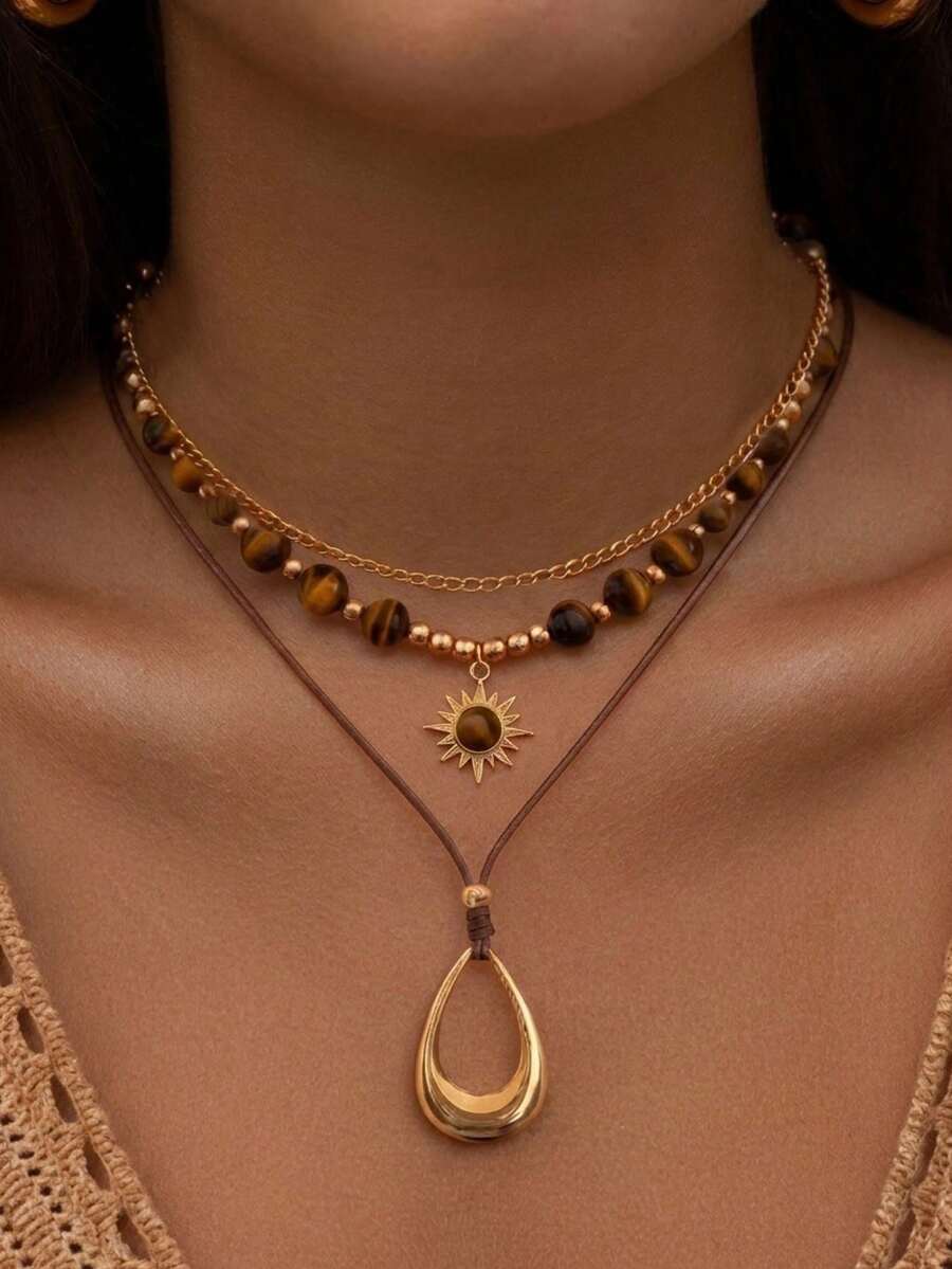 2pcs/Set Kalung Bertingkat Bohemian, Manik-manik Mata Harimau dan Liontin Matahari Rantai Emas Choker, Wanita - Yellow Gold - View 1