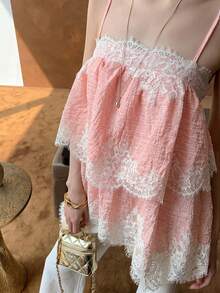 Pink Crinkle Spaghetti Strap Cami, Eyelash Floral Lace Tiered Asymmetric Hem Babydoll Top For Beach Holiday Brunch Daily Wear, Pink Tops Summer - Watermelon Pink - View 6