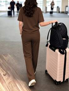 Women's Casual 2 Pieces Set, Round Neck T-Shirt With Long Slightly Elastic Pants, Comfortable Loungewear Set With Pockets Elegant Summer - Khaki - View 5
