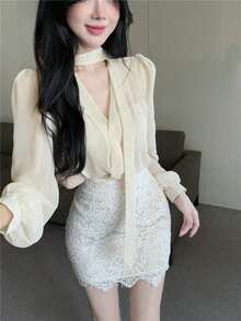 Women's Solid Color Elegant Bow V-Neck Long Sleeve Blouse - Apricot - View 5