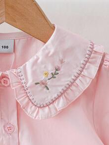 女童碎花刺繡彼得潘領襯衫 - 粉色 - 查看 4