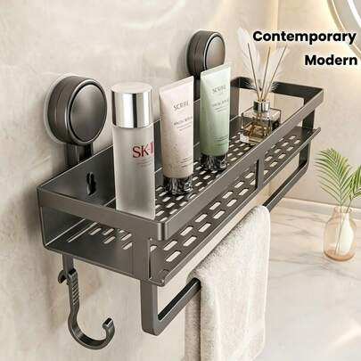 1pc Suction Cup Storage Rack, No-Drill Bathroom Storage Shelf, Aluminum Shower Caddy - Wall-Mounted Space-Saving Organizer, Can Hold Shampoo, Conditioner And Bath Products