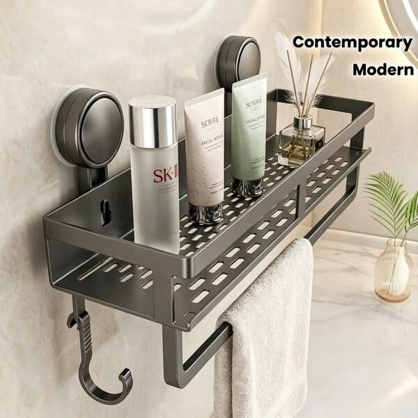1pc Suction Cup Storage Rack, No-Drill Bathroom Storage Shelf, Aluminum Shower Caddy - Wall-Mounted Space-Saving Organizer, Can Hold Shampoo, Conditioner And Bath Products
