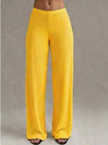 Pantalones rectos de cintura alta para mujer de talla grande, nuevo diseño de primavera/verano - Mostaza Amarilla - Ver 2