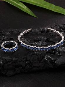 rakol 2pcs Fashionable Cubic Zirconia Asymmetrical Decor Ring & Bracelet Set, Blue - Royal Blue - View 3