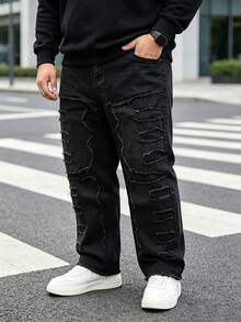 Men's Plus Size Loose Wide Leg Black Denim Jeans, Vintage Frayed Patchwork Distressed Denim Pants, Street Style Casual Wear For Multiple Occasions - Black - View 1