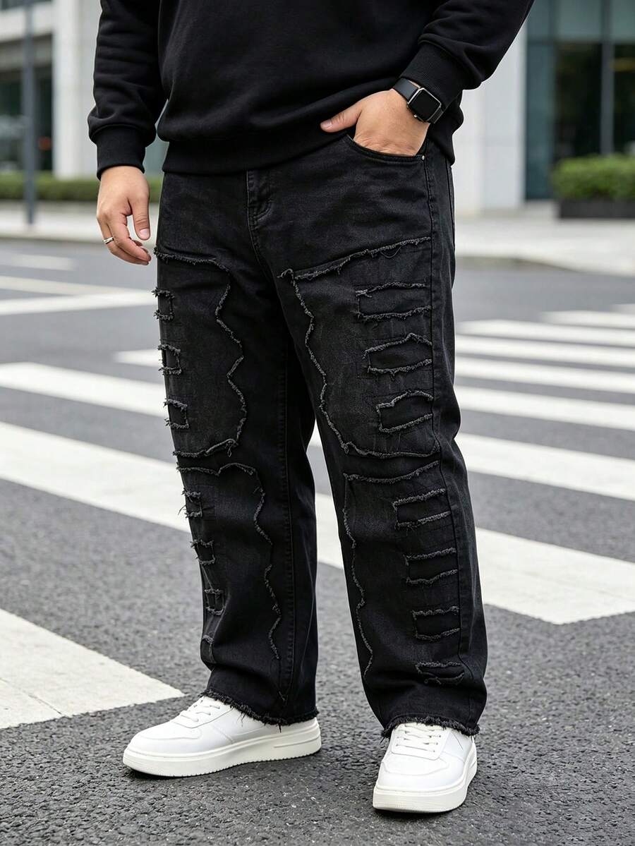Men's Plus Size Loose Wide Leg Black Denim Jeans, Vintage Frayed Patchwork Distressed Denim Pants, Street Style Casual Wear For Multiple Occasions - Black - View 1