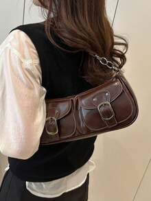 Minimalist Solid Shoulder Bag, Dual Buckle Decor Hobo Purse With Detachable Strap, Portable Daily Shopping Bag For Ladies - Coffee - View 4