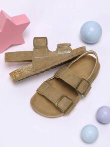 1 Pair Classic Unisex Kids Double Strap Hook & Loop Vintage Camel Color Versatile Beach Sandals Suitable For Summer - Camel - View 3