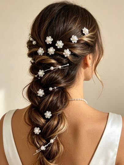 20 piezas de pasadores de pelo en forma de U con flores de perlas y strass para mujer, clips de peinado elegante y sencillo para trenzas, adecuados para boda, novia, baile y fiesta