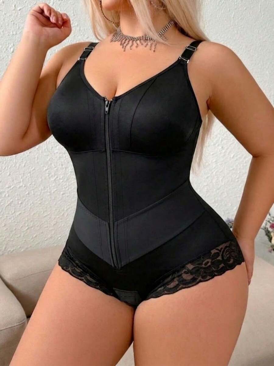 1pc Women's Plus Size Fat Burning Body Shaper Jumpsuit, Front Zipper Design, Compression Shapewear, Butt Lift & Tummy Control, Suitable For Daily Wear - Black - View 1