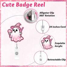 1pc Pink Halloween Ghost Glitter Acrylic Rotating Crocodile Clip Retractable Badge Holder For Nurses - A - View 2