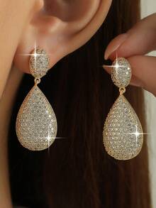 1 Pair Luxury Elegant Cubic Zirconia Water Drop Pendant Earrings, Fashionable Women's Jewelry, Suitable For Daily Wear, Party, Gift, Travel - Yellow Gold - View 2