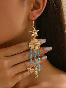1 Pair Ocean Theme Tassel Earrings, Golden Artificial Starfish And Shell Design With Blue-Green Beaded Chain And Seahorse Pendant, Fresh Bohemian Style, Suitable For Vacation Wear Or Young Women Who Love Ocean Elements, Holiday Gift - Yellow Gold - View 1