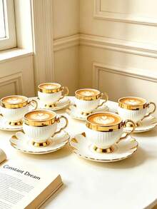 Bộ 6 hoặc 1 cốc cà phê và đĩa lót bằng gốm 90ml họa tiết sọc dọc viền vàng hình cánh hoa, dùng được trong lò vi sóng và máy rửa bát, cốc espresso, cốc cà phê Ả Rập, phù hợp cho trà chiều, quán cà phê, nhà bếp, trang trí nhà cửa, lựa chọn quà tặng lý tưởng - Nhiều màu - Xem 7