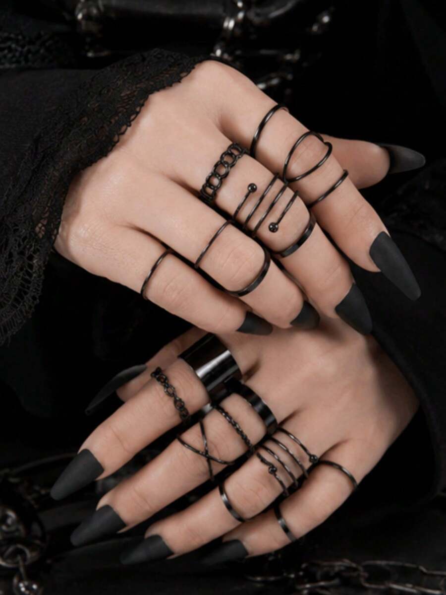 18pcs/Set Dark Minimalist Geometric Open Ring Set, Suitable For Men And Women For Daily, Holiday, Halloween Wear - Multicolor - View 1