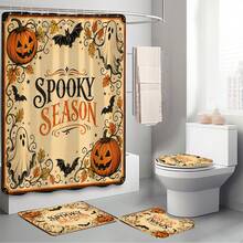 1pc/4pcs Halloween Vintage Beige Ghost Bat Pumpkin Multi-Function Bathroom Decor Shower Curtain Set, Free 12 Hooks, Premium Holiday Atmosphere, Bathroom Mat, U-Shaped Rug And Round Toilet Lid Cover, Suitable For All Scenes Decoration Bathroom Set - Pumpkin Ghost - View 8