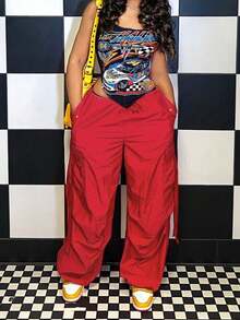 Y2K Women's Casual Red Parachute Pants Cargo Pockets Loose Wide Leg Street Style Practical Trousers Campus Outfit Back To School Daily Wear - Red - View 2