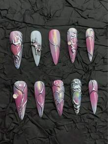 10pcs Handmade Nail Stickers, Pink Nails, Fake Nails, Summer Nails, Decorative Reusable Fake Nails, Women's Gift, Suitable For Girls And Women To Wear At Parties And Daily - Multicolor - View 10