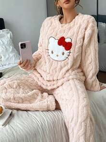 SANRIO 2pcs/Set Women's Winter Hello Kitty Plush Thick Fleece Crew Neck Long Sleeve Pants Pajama Set - Apricot - View 6