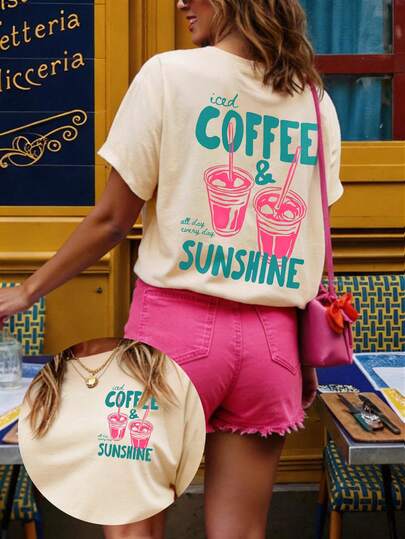 Women's Casual Round Neck Plus Size Iced Coffee Sunscreen Shirt, Iced Coffee Top, Suitable For Summer Coffee Lovers
