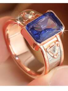 Gmzalx Cincin Fashion Mewah Wanita, Desain Persegi Panjang Biru Berkilau, Gaya Vintage Mewah, Cocok Untuk Perjalanan Sehari-hari dan Pesta - Dua warna - View 10
