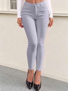 Pantalones elásticos ajustados de unicolor, versátiles y casuales para la primavera - Gris - Ver 1