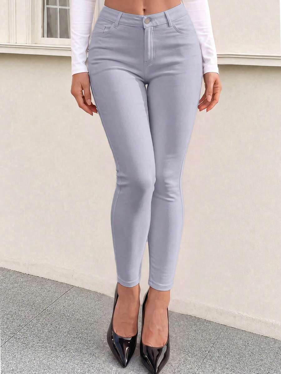 Pantalones elásticos ajustados de unicolor, versátiles y casuales para la primavera - Gris - Ver 1