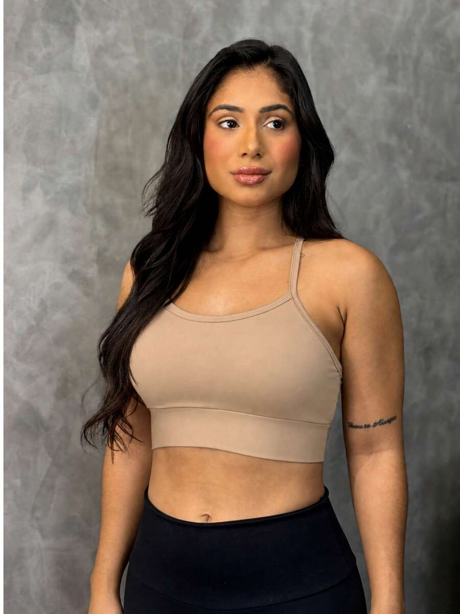 Top Academia Alcinha Fitness Com Cruzado Nas Costas Cropped Zero Transparência Com Bojo Removível Bege Nude Pastel - 米色 - 查看 1
