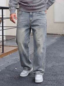 1pc Men's Loose Wide Leg Denim Jeans, Fashion Suitable For Daily Wear - Baby Blue - View 5