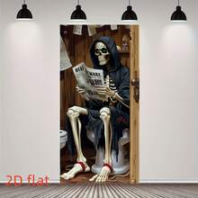 1pc Halloween Scary Skeleton Toilet Door Banner, Halloween Party Decoration, Halloween Horror Decor, Polyester Fabric, Suitable For Halloween, Haunted House, Indoor/Outdoor, Yard, Garden, Bathroom, Porch, Door Decoration - A - View 6