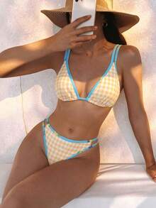 2026 Summer New Fashion Cute Plaid Print Preppy Style Double Strap Bikini Set For Women, Beach Party Essential Vacation - Multicolor - View 2