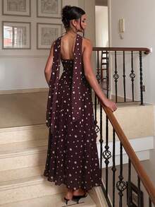 Women's Brown Polka Dot Print Sleeveless Dress With Neck Bow, Sweet And Elegant Summer Vacation - Brown - View 6