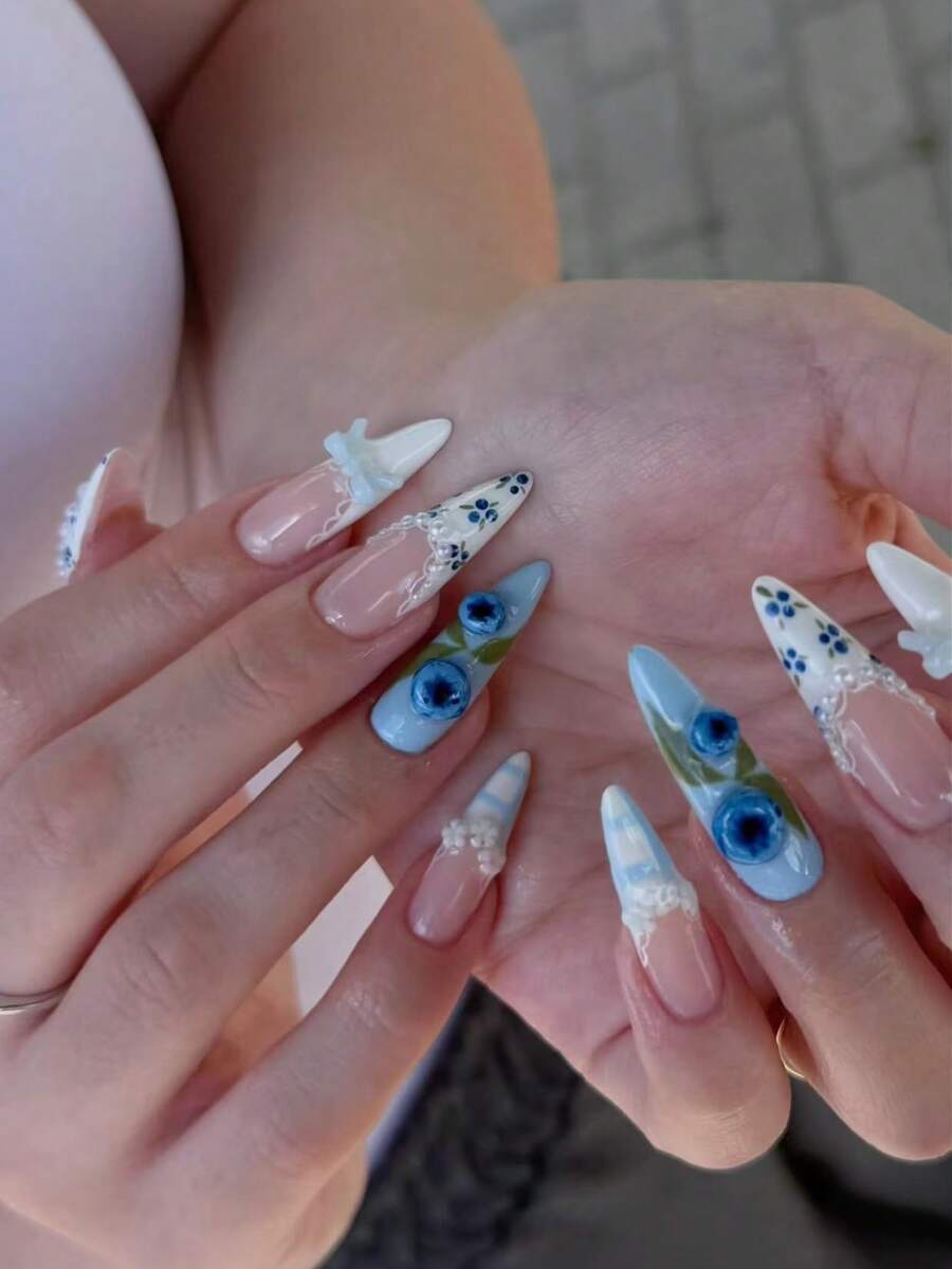 10 piezas de uñas postizas largas y reutilizables, estilo francés en rosa nude soñador y azul claro, con decoración 3D de arándano, encaje, perla, lazo y cuadros, manicura dulce y fresca de verano, adecuadas para uso diario, citas, fiestas y viajes, exquisito regalo de uñas para mujeres y niñas, uñas postizas hechas a mano