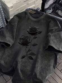 1 pièce T-shirt en pur coton lavé, coupe ample et surdimensionnée, manches courtes, imprimé rose vintage, pour Halloween, Día De Los Muertos, loisirs à la maison, sorties du week-end, t-shirt sur - Noir - Voir 6