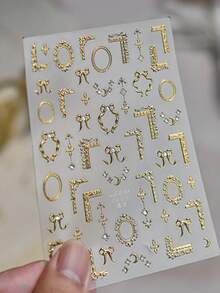 1Sheet Gold Metallic Crystal Mini Baroque Frame Nail Stickers, Bow Moon Tiny Rhinestone 3D Embossed Self Adhesive Nail Art Decals - 金色 - 查看 5