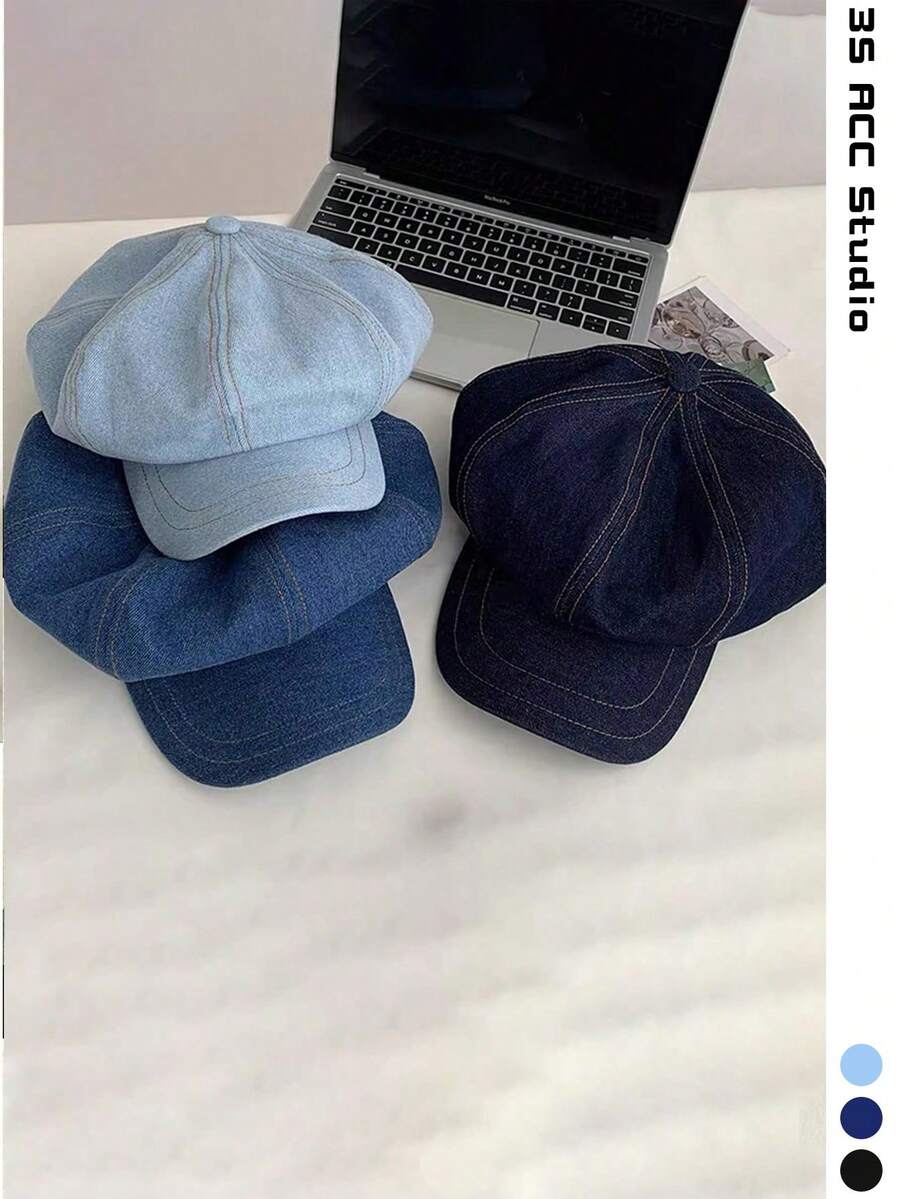Large Head Circumference Vintage Oversized Octagonal Beret, Spring/Summer Thin Cloud Newsboy Cap, Couple Blue Retro Washed Face-Slimming Duck Bill Painter Hat, Outdoor Sun Protection Hat For Travel And Outfit - Multicolor - View 1