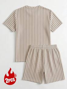 Set Kasual Pria: Kaos Lengan Pendek Kerah Bulat dan Celana Pendek Tali Serut - Light Grey - View 9