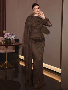 Solessence 優雅迷人女款棕色蕾絲長版正式禮服，抓皺胸部設計，長袖圓領，編織面料，適合婚禮派對秋季 - 咖啡棕 - 查看 6