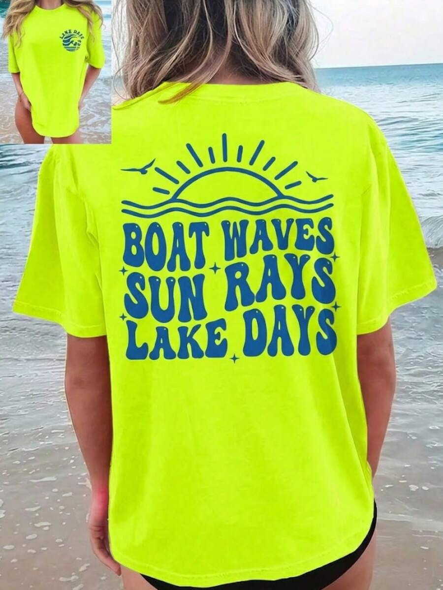 Cotton T-Shirt-[Double-Sided Print]Boat Letter Print Short-Sleeve Round Neck T-Shirt-Short Sleeve Crew Neck T-Shirt-Vacation Outfits Women-Summer Tops - 螢光綠 - 查看 1