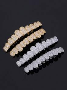 1/2pcs 18K Gold Plated 10-Tooth Full Zirconia Gold Teeth Hip Hop Personalized Halloween Decorative Teeth Suitable For Daily Wear - Multicolor - View 1