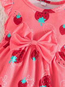 2 piezas/Set Bebé Cuello Redondo Manga Volante Estampado de Mariposa & unicolor Punto Acanalado Minimalista Lindo Primavera/Verano - Rosado Sandía - Ver 9