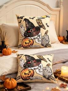 1pc Black Halloween Skull Print Pillowcase, Holiday Decorative Square Cushion Cover, Cute Cartoon Skull Bat Spider Web Pattern Design, Suitable For Autumn Festival Party Occasions Decorative Cushion Cover, Indoor Window Sill Patio Party Seasonal Decoration, No Filling Included - Multicolor - View 12