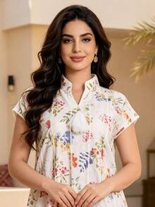 Heavy Print Arabic Women's 2026 New Summer Beige Elegant Dress, JALABIYA Small Stand Collar With V-Neckline, Summer Casual Travel Outfit - Beige - View 4
