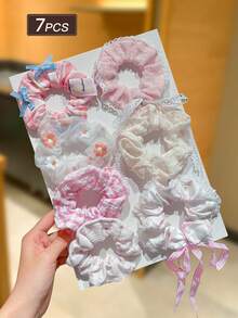 7件組女款粉色花卉印花髮圈、蝴蝶結緞帶髮圈、蕾絲飾邊髮圈，甜美可愛風大號髮圈，女用髮飾，適合日常休閒、購物、校園、派對、約會、旅行與度假穿搭 - 彩色 - 查看 10