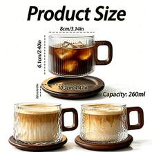 Glass Coffee Mugs Set With Wooden Coasters, Borosilicate Coffee Cups With Wooden Handle, Aesthetic Ribbed Hammered Wavy Embossed Tumblers For Home Kitchen Coffee Bar - Transparent a - View 3
