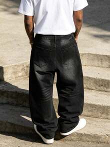 New Men's Black Wide Leg Loose Fit Denim Jeans With Floral Embroidery Street Style Casual Long Pants All Season - Black - View 2