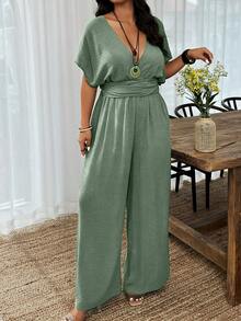 Mono largo de verano con mangas de murciélago, cuello en V y nudo, estilo casual de vacaciones, holgado, talla grande, ropa de calle diaria, pierna ancha, color café oscuro para mujer - Verde militar - Ver 3