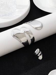 2pcs Fashion Punk Heavy Metal Exaggerated Asymmetrical Open Ring & Bracelet Set For Women - Silver - View 2