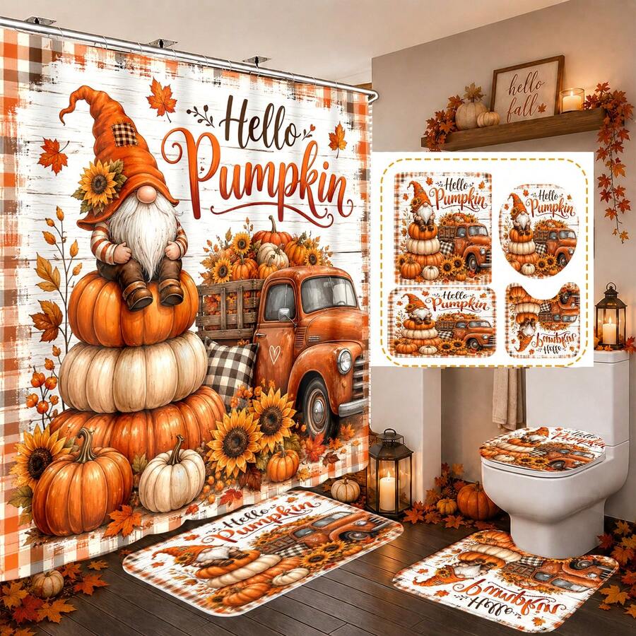 1/4pcs Vintage Pumpkin Truck Fall Harvest Heat-Insulating Home Decor Bathroom Shower Curtain With 12 Hooks For All Scenarios, Rustic Country Farmhouse Decoration, 4pcs Include: 1pc Shower Curtain 150*180cm+180*180cm+180*200cm - Pumpkin Farm - View 1